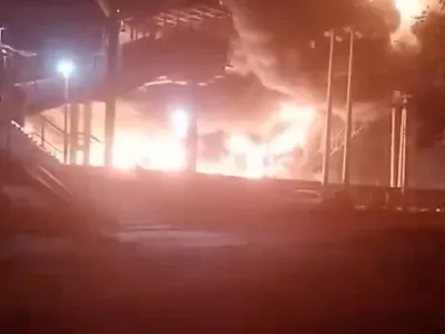 Smoke and flames rise at a railway station in Salsk, Rostov Region in Russia in this screengrab obtained from a video released on July 29, 2025. Social Media/via REUTERS THIS IMAGE HAS BEEN SUPPLIED BY A THIRD PARTY. MANDATORY CREDIT. NO RESALES. NO ARCHIVES. NEWS USE ONLY. Verification lines - Reuters was able to confirm the location by stairs, electric poles and road layout which matched file and satellite imagery. Reuters was not able to independently confirm the date of this video. However Russian authorities said drone attack on the area overnight on Tuesday (July 29) sparked a fire and suspended train traffic.