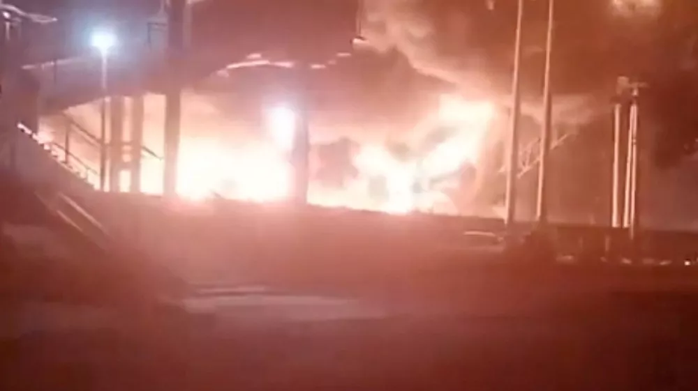 Smoke and flames rise at a railway station in Salsk, Rostov Region in Russia in this screengrab obtained from a video released on July 29, 2025. Social Media/via REUTERS THIS IMAGE HAS BEEN SUPPLIED BY A THIRD PARTY. MANDATORY CREDIT. NO RESALES. NO ARCHIVES. NEWS USE ONLY. Verification lines - Reuters was able to confirm the location by stairs, electric poles and road layout which matched file and satellite imagery. Reuters was not able to independently confirm the date of this video. However Russian authorities said drone attack on the area overnight on Tuesday (July 29) sparked a fire and suspended train traffic.