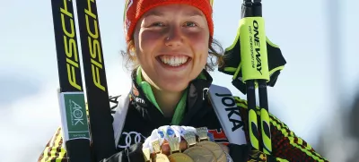﻿Biathlon - IBU World Championships - Women 12.5 km Mass Start - Hochfilzen, Austria - 19/2/17 - Laura Dahlmeier of Germany displays her medals.  REUTERS/Leonhard Foeger TPX IMAGES OF THE DAY