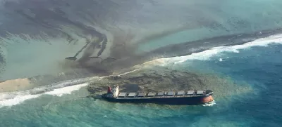 ﻿This photo taken and provided by Eric Villars shows oil leaking from the MV Wakashio, a bulk carrier ship that recently ran aground off the southeast coast of Mauritius, Friday, Aug. 7, 2020. Anxious residents of the Indian Ocean island nation of Mauritius are stuffing fabric sacks with sugar cane leaves to create makeshift oil spill barriers as tons of fuel leak from a grounded ship. The government has declared an environmental emergency and France says it is sending help from its nearby Reunion island. (Eric Villars via AP)