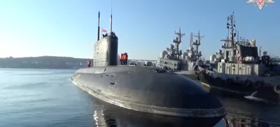 Russian sailors line up onboard a submarine, which is involved in drills held by the Pacific Fleet of the Russian Navy in the waters of the Pacific Ocean, the Sea of Japan and the Sea of Okhotsk, before leaving the port of Vladivostok, Russia, in this still image from video published June 18, 2024. Russian Defence Ministry/Handout via REUTERS ATTENTION EDITORS - THIS IMAGE HAS BEEN SUPPLIED BY A THIRD PARTY. NO RESALES. NO ARCHIVES. MANDATORY CREDIT. WATERMARK FROM SOURCE.