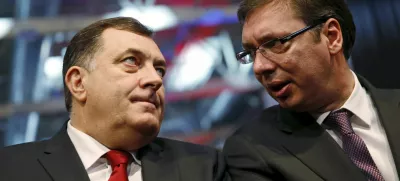 ﻿Milorad Dodik (L), president of the Republika Srpska, and Serbian Prime Minister Aleksandar Vucic attend the official celebration ceremony of Republika Srpska Statehood Day in Banja Luka, Bosnia and Herzegovina, January 9, 2015. Bosnian Serbs organised celebrations of the Statehood Day of their half of Bosnia despite the constitutional court's ruling to change the date for the holiday which was found to discriminate against other ethnic groups because it is also celebrated as an Orthodox holiday. REUTERS/Dado Ruvic - RTX21MM7