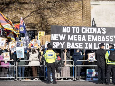 March 15, 2025, London, England, United Kingdom: Thousands of Hong Kongers, Taiwanese, Tibetans, Uyghurs and supporters gathered by the historic former Royal Mint Court in London to protest against the plan to move the Chinese Embassy to this historical site. Protesters says the Chinese Government is not trustworthy and going to use the embassy to spy on Britain. Along it will be the largest Chinese Embassy in whole Europe. (Credit Image: © Krisztian Elek/ZUMA Press Wire)