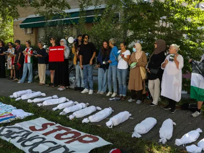 0508.2025. Protest proti genocidu v Gazi pred veleposlaništvom Arabske Republike Egipt v Ljubljani. Foto:Bojan Velikonja 