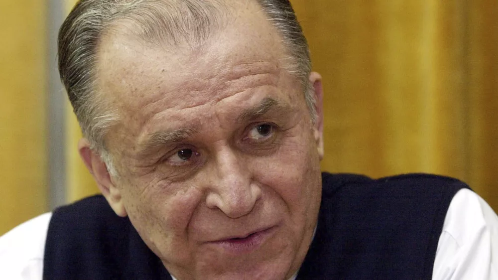 FILE - Romanian President Ion Iliescu speaks during an interview with The Associated Press in Bucharest, Romania Monday Dec. 11 2000.(AP Photo/Vadim Ghirda, File)