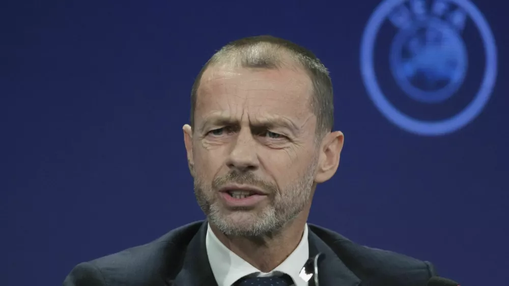 UEFA President Aleksander Ceferin speaks during a press conference after the 49th ordinary UEFA congress, in Belgrade, Serbia, Thursday, April 3, 2025. (AP Photo/Darko Vojinovic)