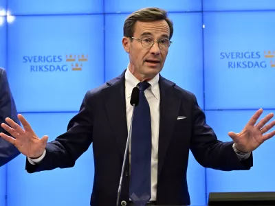 Ulf Kristersson, leader of the Moderate Party, speaks during a press conference regarding the formation of the government, at the Parliament in Stockholm, Sweden, Friday Oct. 14, 2022. (Jonas Ekströmer/TT News Agency via AP)