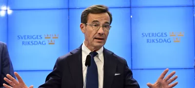 Ulf Kristersson, leader of the Moderate Party, speaks during a press conference regarding the formation of the government, at the Parliament in Stockholm, Sweden, Friday Oct. 14, 2022. (Jonas Ekströmer/TT News Agency via AP)