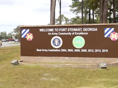 This image from video provided by the U.S. Army via DVIDS shows the entrance to Fort Stewart in Georgia on Nov. 18, 2021. (Staff Sgt. Daniel Guerrero/U.S. Army via AP)