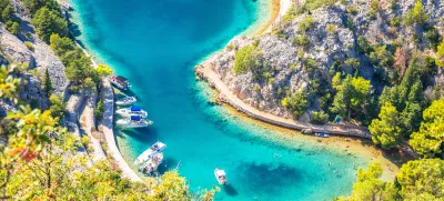 Zavratnica bay fjord under Velebit mountain aerial summer view, scenic archipelago of Croatia
