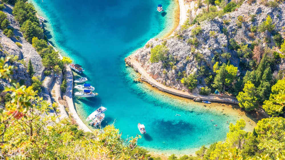 Zavratnica bay fjord under Velebit mountain aerial summer view, scenic archipelago of Croatia