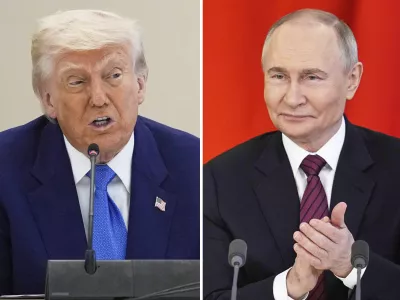 FILE - This combination photo shows U.S. President Donald Trump in a business roundtable in Abu Dhabi, United Arab Emirates, May 16, 2025, left, and Russian President Vladimir Putin at a signing ceremony at the Kremlin in Moscow, May 10, 2025. (AP Photo, Files)