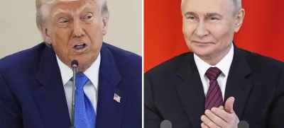 FILE - This combination photo shows U.S. President Donald Trump in a business roundtable in Abu Dhabi, United Arab Emirates, May 16, 2025, left, and Russian President Vladimir Putin at a signing ceremony at the Kremlin in Moscow, May 10, 2025. (AP Photo, Files)