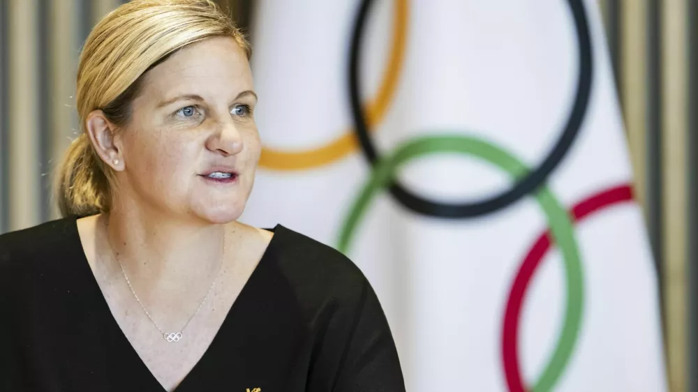 International Olympic Committee (IOC) President Kirsty Coventry speaks during the opening of the executive board meeting of the IOC, at the Olympic House, in Lausanne, Switzerland, Wednesday, June 25, 2025. (Jean-Christophe Bott/Keystone via AP)