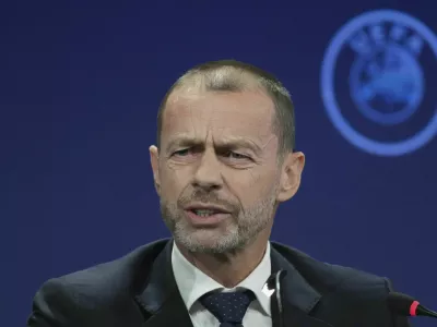 UEFA President Aleksander Ceferin speaks during a press conference after the 49th ordinary UEFA congress, in Belgrade, Serbia, Thursday, April 3, 2025. (AP Photo/Darko Vojinovic)