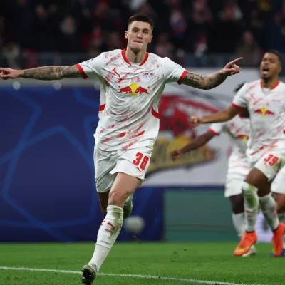 02 October 2024, Saxony, Leipzig: Leipzig's Benjamin Sesko celebrates scoring his side's second goal during the UEFA Champions League soccer match between RB Leipzig and Juventus at the Red Bull Arena. Photo: Jan Woitas/dpa