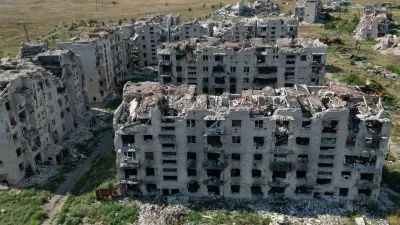 A drone view shows the ruins of residential buildings in the abandoned town of Marinka (Maryinka), which was destroyed in the course of Russia-Ukraine conflict in the Donetsk region, a Russian-controlled area of Ukraine, August 7, 2025. REUTERS/Alexander Ermochenko
