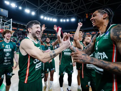 Players of Cedevita Olimpija celebrate victory at regular season basketball match of AdmiralBet ABA League 2024/2025 between Cedevita Olimpija Ljubljana (SLO) and Crvena Zvezda MeridianBet (SRB) in SRC Stozice, Ljubljana, Slovenia on March 9, 2025