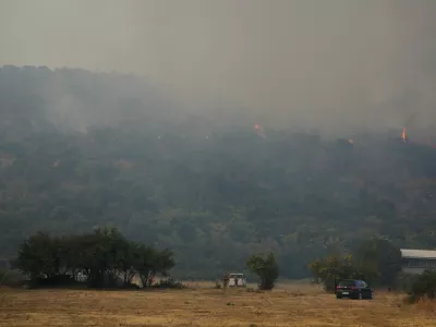Residents watch wildfires burn above Rogami suburbs, as temperature rises during a heatwave in Podgorica, Montenegro, August 11, 2025. REUTERS/Stevo Vasiljevic