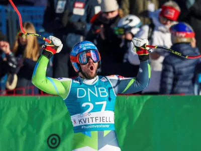 Alpine Skiing - FIS Alpine Ski World Cup - Kvitfjell, Norway - February 17, 2024 Slovenia's Miha Hrobat reacts at the finish line after his run during the men's downhill  Geir Olsen/NTB via REUTERS   ATTENTION EDITORS - THIS IMAGE WAS PROVIDED BY A THIRD PARTY. NORWAY OUT. NO COMMERCIAL OR EDITORIAL SALES IN SWEDEN.