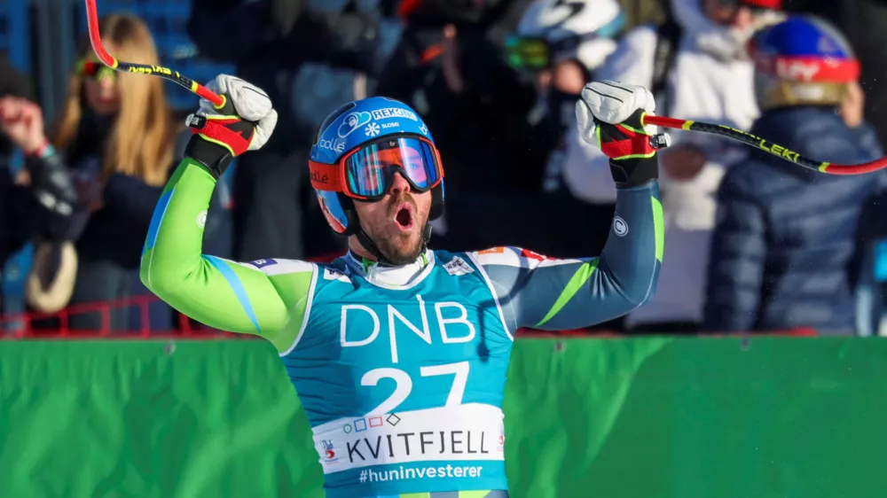 Alpine Skiing - FIS Alpine Ski World Cup - Kvitfjell, Norway - February 17, 2024 Slovenia's Miha Hrobat reacts at the finish line after his run during the men's downhill  Geir Olsen/NTB via REUTERS   ATTENTION EDITORS - THIS IMAGE WAS PROVIDED BY A THIRD PARTY. NORWAY OUT. NO COMMERCIAL OR EDITORIAL SALES IN SWEDEN.
