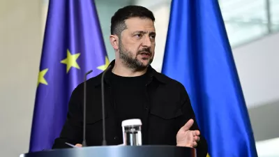 13 August 2025, Berlin: Ukrainian President Volodymyr Zelensky speaks during a press conference German Chancellor Friedrich Merz after the virtual consultations between European heads of state and government in the Chancellery with a view to the meeting between US President Donald Trump and Russian President Vladimir Putin. Photo: Fabian Sommer/dpa