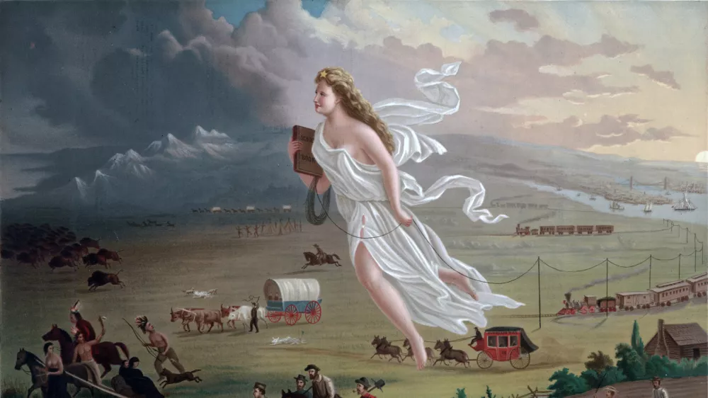 Slika Ameriški napredek (1872) Johna Gasta je alegorična upodobitev modernizacije novega zahoda. Kolumbija, poosebitev Združenih držav, je prikazana, kako z ameriškimi naseljenci vodi civilizacijo. / Foto: Wikipedia