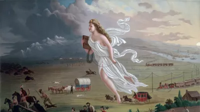 Slika Ameriški napredek (1872) Johna Gasta je alegorična upodobitev modernizacije novega zahoda. Kolumbija, poosebitev Združenih držav, je prikazana, kako z ameriškimi naseljenci vodi civilizacijo. / Foto: Wikipedia