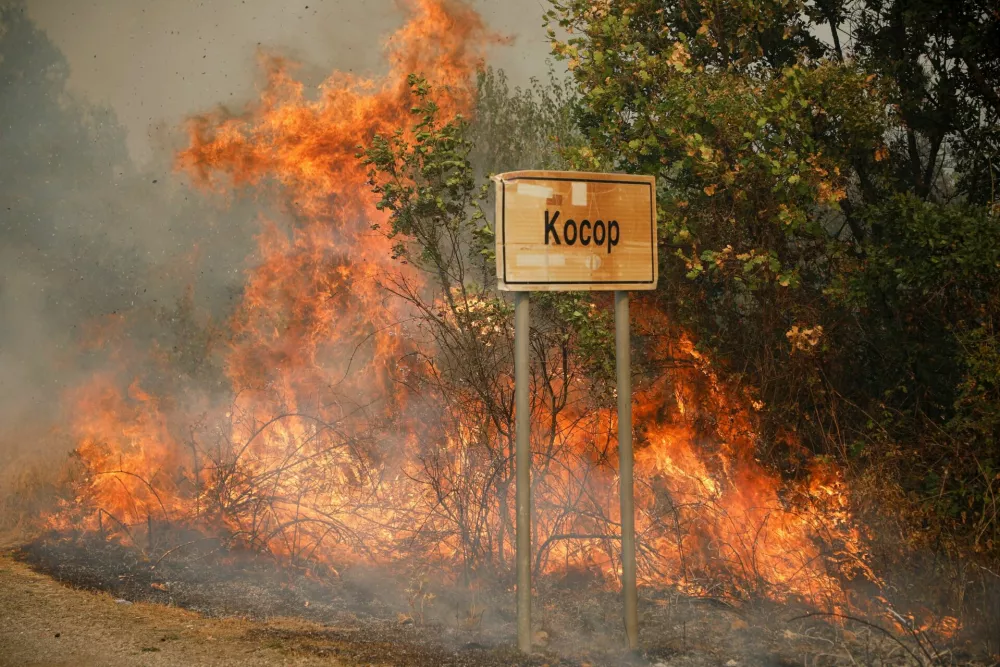 Fire rises behind a street sign in the village Kosor as wildfire burns in the mountains above the capital Podgorica, Montenegro, August 13, 2025. REUTERS/Stevo Vasiljevic