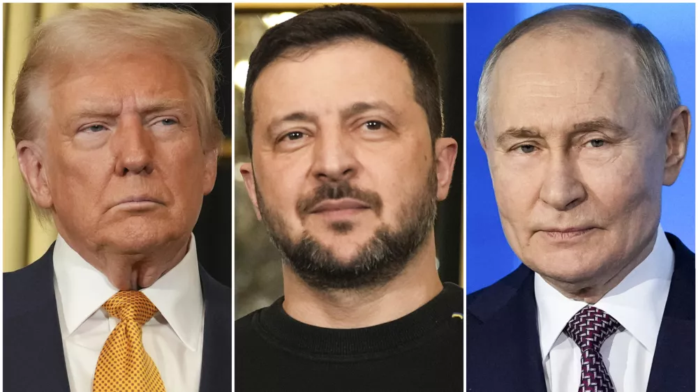FILE - In this combination of file photos, U.S. President Donald Trump, left, and Ukraine's President Volodymyr Zelenskyy, center, are seen at the Elysee Palace, Dec. 7, 2024 in Paris, and Russian President Vladimir Putin addresses a Technology Forum in Moscow on Feb. 21, 2025. (AP Photo/Aurelien Morissard, left and center, Pavel Bednyakov, right, File)