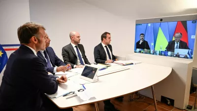 French President Emmanuel Macron, Antonio Costa, President of the European Council, French Minister for Europe and Foreign Affairs Jean-Noel Barrot, and France's Minister of Armed Forces Sebastien Lecornu attend a video conference with Ukraine's President Volodymyr Zelensky and German Chancellor Friedrich Merz to discuss the ongoing war in Ukraine, at Fort de Bregancon in Bormes-les-Mimosas, France, 13 August 2025. PHILIPPE MAGONI/Pool via Reuters