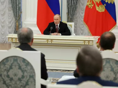 Russia's President Vladimir Putin addresses senior officials following a meeting with U.S. President Donald Trump, at the Kremlin in Moscow, Russia, August 16, 2025. Sputnik/Vyacheslav Prokofyev/Pool via REUTERS ATTENTION EDITORS - THIS IMAGE WAS PROVIDED BY A THIRD PARTY.