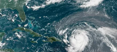 Hurricane Erin, which is the first hurricane of the 2025 Atlantic season and has developed into a dangerous Category 4 hurricane, moves westward near Puerto Rico in a composite satellite image August 16, 2025. CIRA/NOAA/Handout via REUTERS  THIS IMAGE HAS BEEN SUPPLIED BY A THIRD PARTY