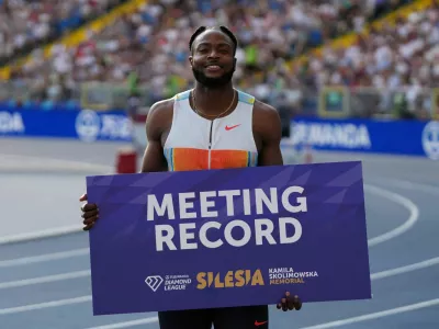 FILE PHOTO: Athletics - Diamond League - Silesia - Silesian Stadium, Chorzow, Poland - August 16, 2025 Jamaica's Kishane Thompson celebrates after setting a new Meeting Record to win the Men's 100m Final REUTERS/Aleksandra Szmigiel/File Photo
