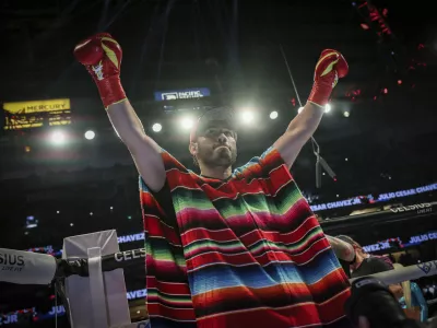 FILE - Julio Cesar Chavez Jr. arrives for his cruiserweight boxing match against Jake Paul, in Anaheim, Calif., June 28, 2025. (AP Photo/Etienne Laurent, File)