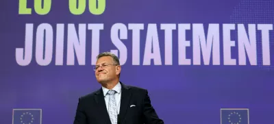 European Commissioner for Trade Maros Sefcovic reacts as he addresses the media on the EU-US trade deal, in Brussels, Belgium, August 21, 2025. REUTERS/Yves Herman