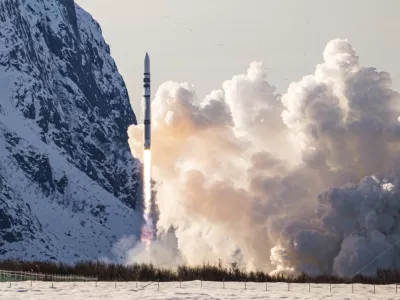 In this photo provided by Isar Aerospace, Photo Wingmen Media, Isar Aerospace test rocket "Spectrum" lifts off for a test flight at Andoya Spaceport in Nordmela, on Andøya island, Norway, Sunday, March 30, 2025. (Isar Aerospace, Photo Wingmen Media via AP)