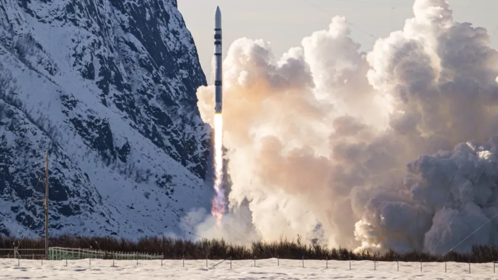 In this photo provided by Isar Aerospace, Photo Wingmen Media, Isar Aerospace test rocket "Spectrum" lifts off for a test flight at Andoya Spaceport in Nordmela, on Andøya island, Norway, Sunday, March 30, 2025. (Isar Aerospace, Photo Wingmen Media via AP)