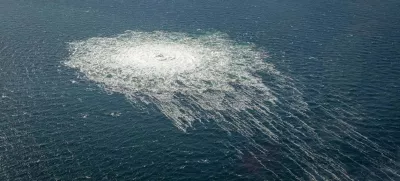FILE PHOTO: Gas bubbles from the Nord Stream 2 leak reaching surface of the Baltic Sea in the area shows disturbance of well over one kilometre diameter near Bornholm, Denmark, September 27, 2022. Danish Defence Command/Handout via REUTERS/File Photo