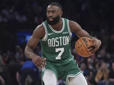 FILE - Boston Celtics' Jaylen Brown during the second half of Game 6 in the Eastern Conference semifinals of the NBA basketball playoffs against the New York Knicks, May 16, 2025, in New York. (AP Photo/Frank Franklin II, File)