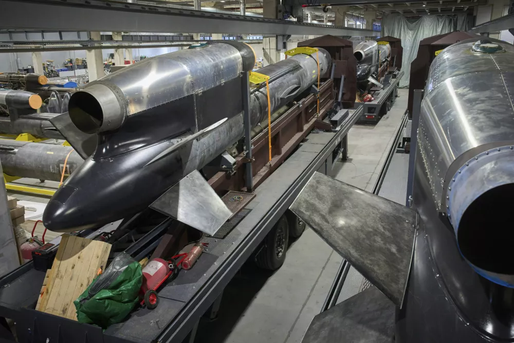 Flamingo missiles are seen at Fire Point's secret factory in Ukraine on Monday, Aug. 18, 2025. (AP Photo/Efrem Lukatsky)