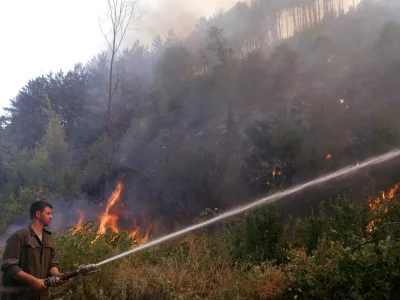 A fire fighter sprays water over a forest fire near the village of Dubovo, some 240 km (150 miles) east of Sofia, July 27, 2007. A heatwave that has roasted much of the Balkans for a week abated in the north on Wednesday but sizzled on in Greece and left scores of wildfires throughout the region. REUTERS/ Nikolay Doychinov (BULGARIA)