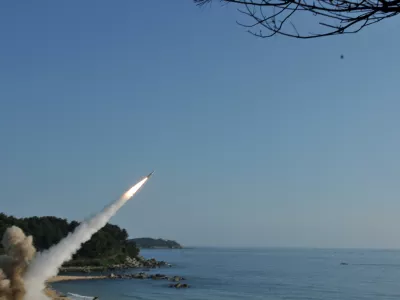 FILE PHOTO: United States and South Korean troops utilizing the Army Tactical Missile System (ATACMS) and South Korea's Hyunmoo Missile II, fire missiles into the waters of the East Sea, off South Korea, July 5, 2017.  8th United States Army/Handout via REUTERS/File Photo