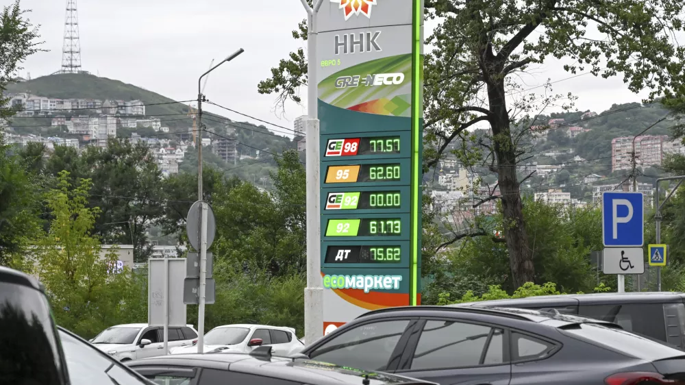 Cars are parked at a gas station in Vladivostok, Russia, on Aug. 25, 2025. (AP Photo)