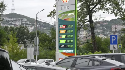 Cars are parked at a gas station in Vladivostok, Russia, on Aug. 25, 2025. (AP Photo)