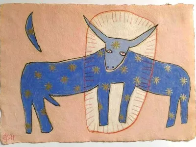 Barbara Buttinger-Förster, Nebeški bik, 2014, mešana tehnika,30 x 21,5 cm. Z dvoljenjem umetnice.