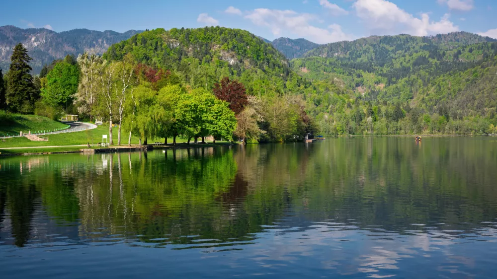 Calm water reflecting surrounding trees and mountains in Lake Bled, Slovenia