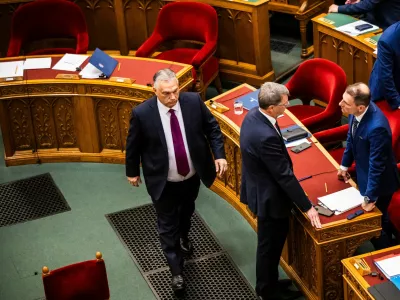 Hungarian Prime Minister Viktor Orban arrives for the vote to start the withdrawal process from the International Criminal Court (ICC) in Budapest, Hungary, May 20, 2025. REUTERS/Marton Monus