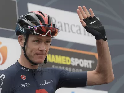 FILE - Chris Froome gestures during the 55th edition of Tirreno–Adriatico cycling from Norcia to Sassano-Sassotetto in Norcia, Italy, Sept. 11, 2020. (Fabio Ferrari/LaPresse via AP, File)
