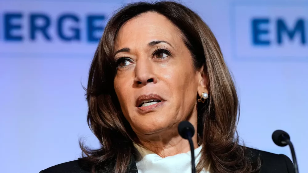 FILE - Former Vice President Kamala Harris delivers the keynote speech at the Emerge 20th Anniversary Gala in San Francisco, April 30, 2025. (AP Photo/Godofredo A. Vásquez, File)